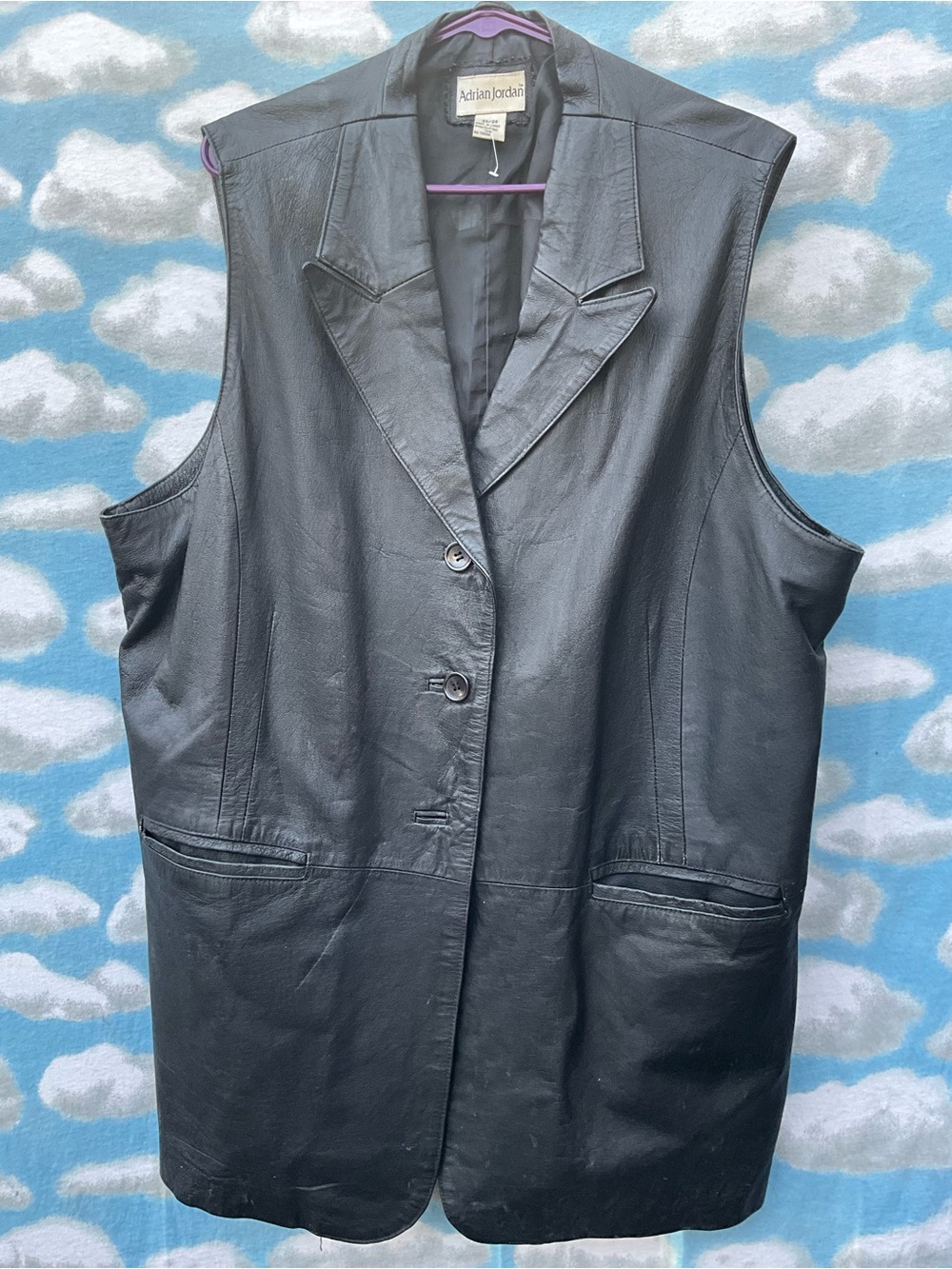Vintage Adrian Jordan Black Leather Long Vest Plus Size 22/24 Waistcoat 90s Y2K